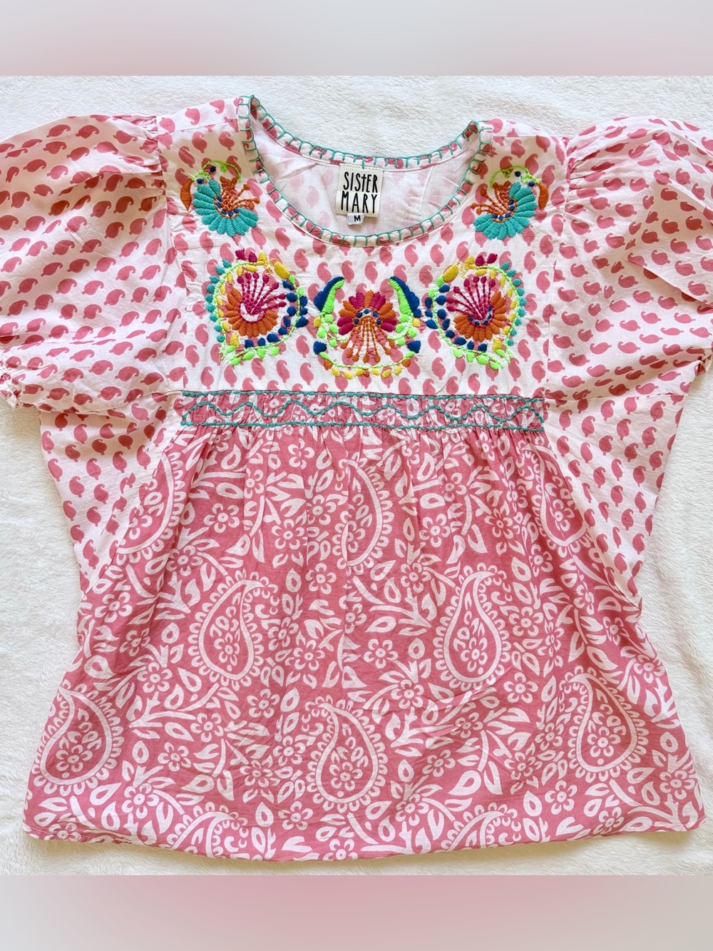 Sister Mary Pink Embroidered Puff-Sleeve Blouse